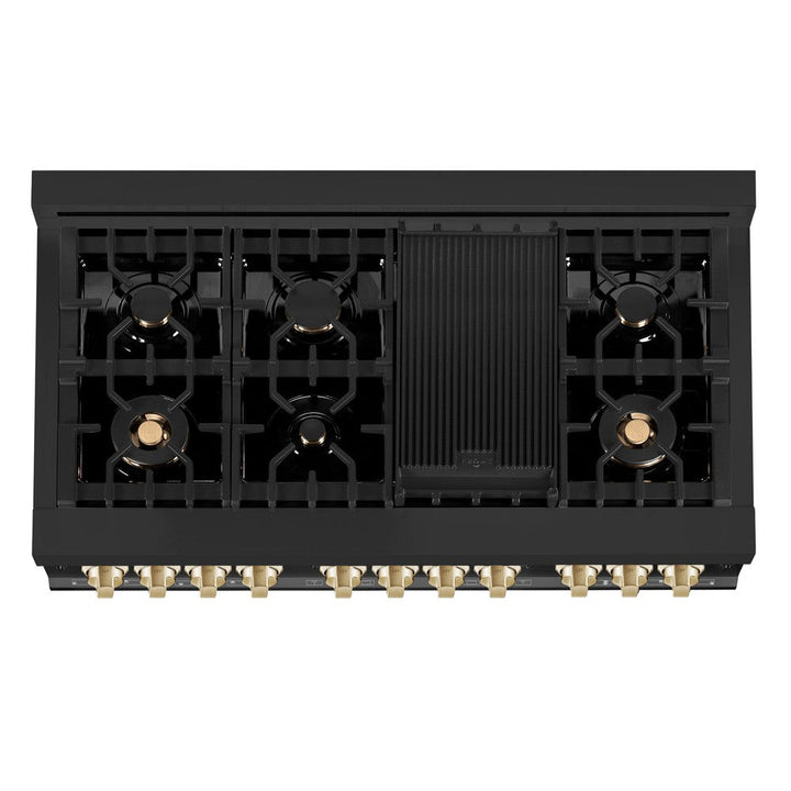 ZLINE Autograph Edition 48 in. Kitchen Package with Black Stainless Steel Dual Fuel Range, Range Hood, Dishwasher and Refrigerator Including External Water Dispenser with Polished Gold Accents (4AKPR-RABRHDWV48-G)