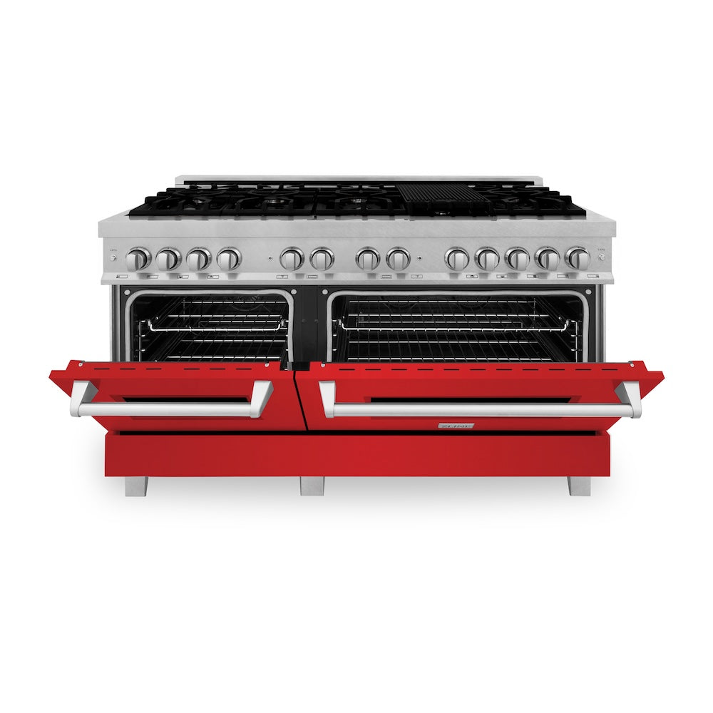 ZLINE 60 in. 7.4 cu. ft. Legacy Dual Fuel Range with 9 Burner Gas Cooktop and 2 Electric Convection Ovens in Satin Stainless Steel and Red Matte Doors (RAS-RM-60)