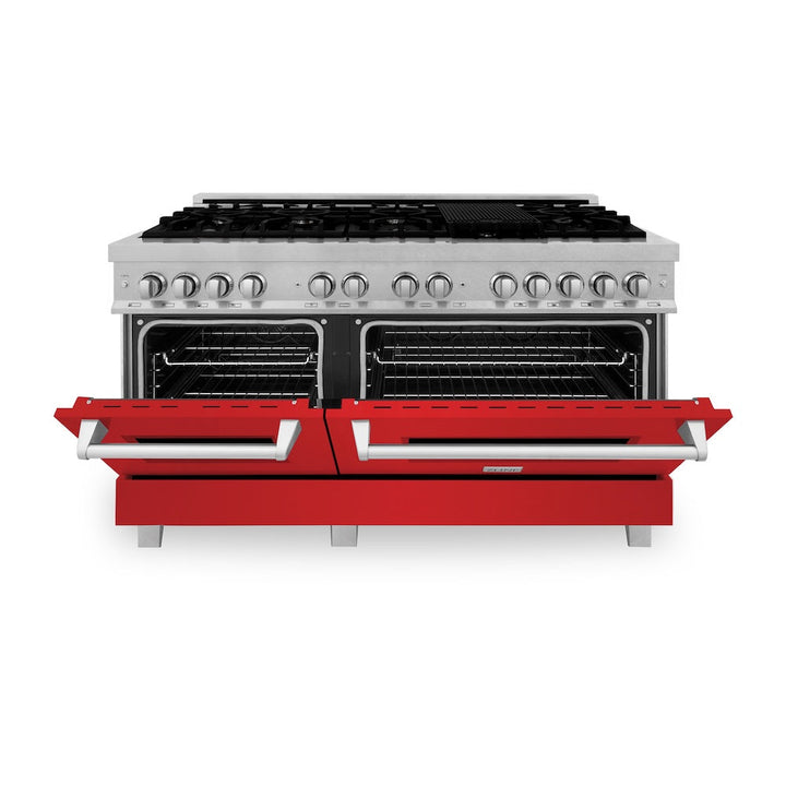 ZLINE 60 in. 7.4 cu. ft. Legacy Dual Fuel Range with 9 Burner Gas Cooktop and 2 Electric Convection Ovens in Satin Stainless Steel and Red Matte Doors (RAS-RM-60)