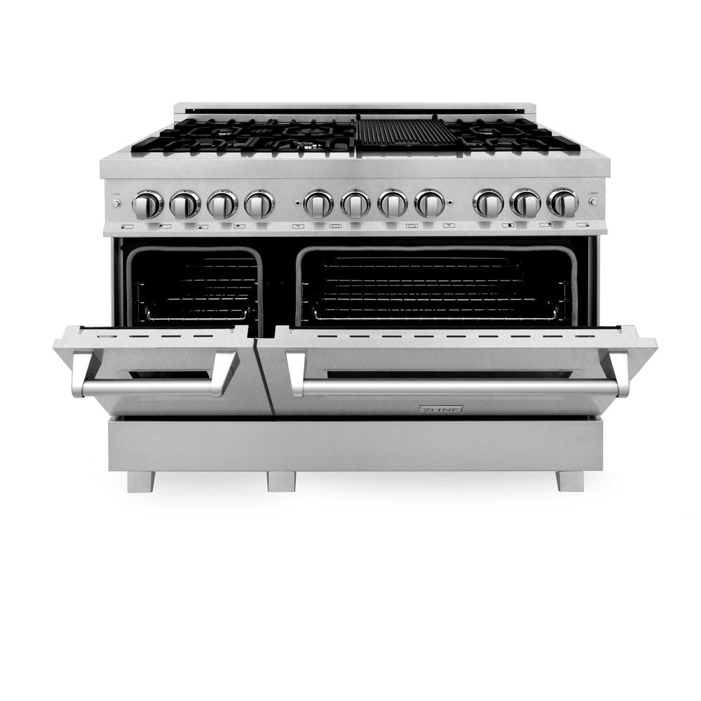 ZLINE 48 in. Kitchen Package with Satin Stainless Dual Fuel Range, Ducted Vent Range Hood and Tall Tub Dishwasher (3KP-RASRH48-DWV)