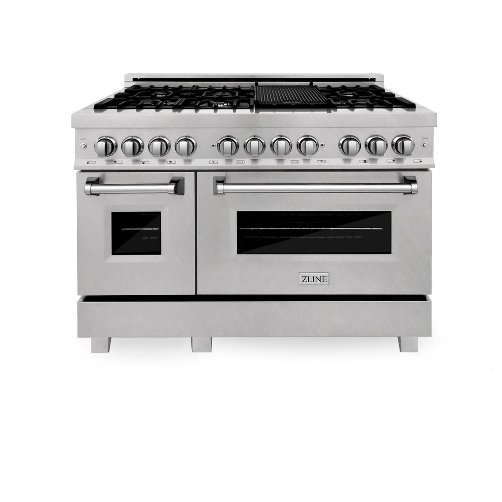 ZLINE 48 in. Kitchen Package with Satin Stainless Dual Fuel Range, Ducted Vent Range Hood and Tall Tub Dishwasher (3KP-RASRH48-DWV)