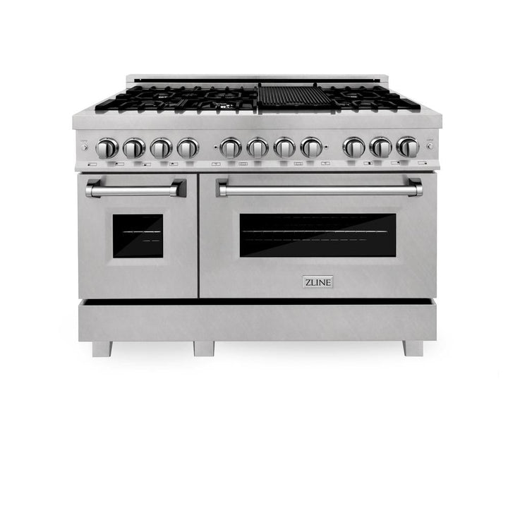 ZLINE 48 in. Kitchen Package with Satin Stainless Dual Fuel Range, Ducted Vent Range Hood and Tall Tub Dishwasher (3KP-RASRH48-DWV)