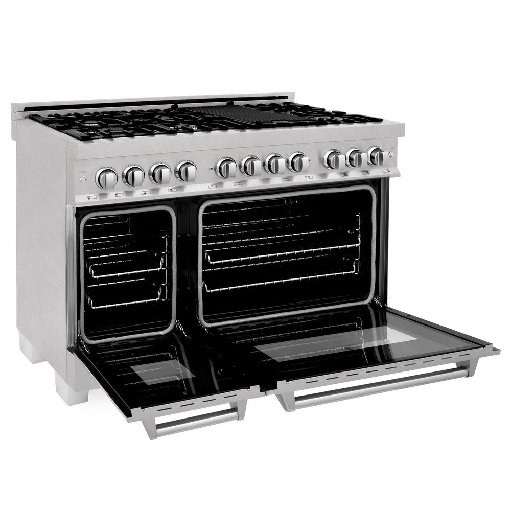 ZLINE 48 in. Kitchen Package with Satin Stainless Dual Fuel Range, Ducted Vent Range Hood and Tall Tub Dishwasher (3KP-RASRH48-DWV)