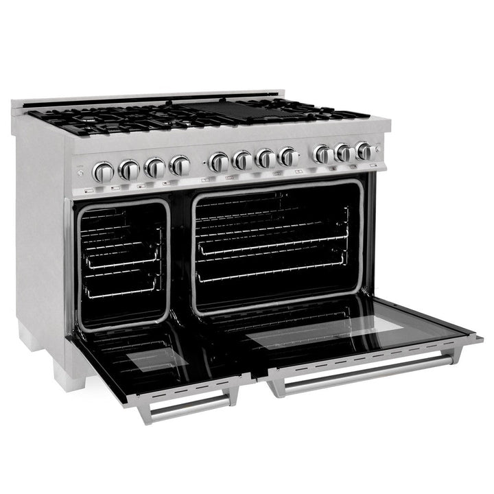 ZLINE 48 in. Kitchen Package with Satin Stainless Steel Dual Fuel Range and Convertible Vent Range Hood (2KP-RASSNRH48)