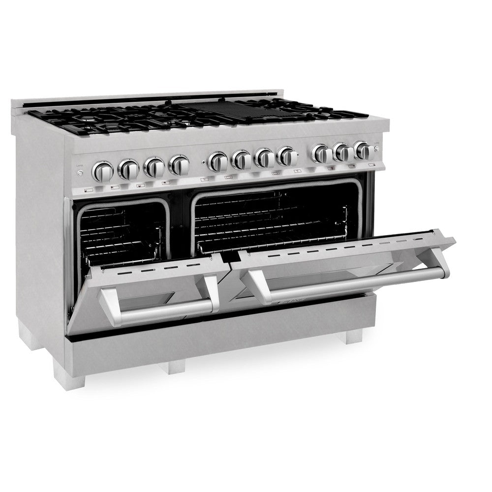 ZLINE 48 in. Kitchen Package with Satin Stainless Dual Fuel Range, Ducted Vent Range Hood and Tall Tub Dishwasher (3KP-RASRH48-DWV)