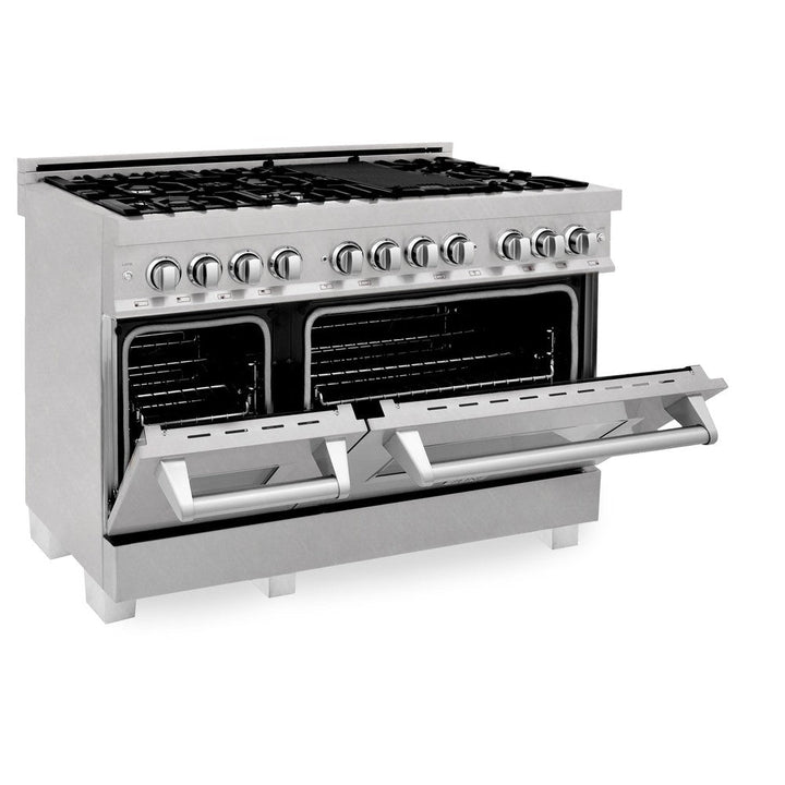 ZLINE 48 in. Kitchen Package with Satin Stainless Dual Fuel Range, Ducted Vent Range Hood and Tall Tub Dishwasher (3KP-RASRH48-DWV)