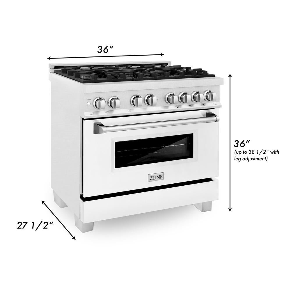 ZLINE 36 in. Kitchen Package with Satin Stainless Steel Dual Fuel Range with White Matte Door and Convertible Vent Range Hood (2KP-RASWMRH36)
