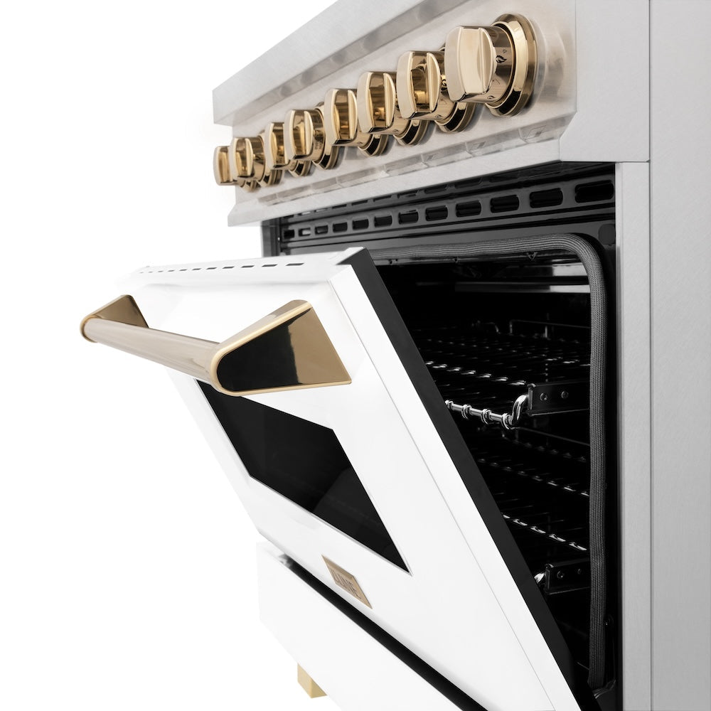 ZLINE Autograph Edition 36 in. 4.6 cu. ft. Legacy Dual Fuel Range with 6 Burner Gas Cooktop and Electric Convection Oven in Satin Stainless Steel with White Matte Door and Polished Gold Accents (RASZ-WM-36-G)