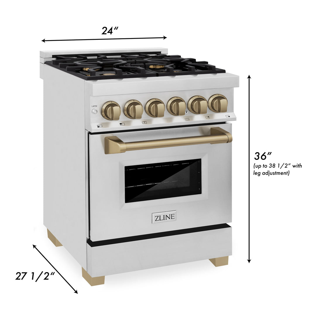ZLINE Autograph Edition 24 in. 2.8 cu. ft. Legacy Dual Fuel Range with 4 Burner Gas Cooktop and Electric Convection Oven in Stainless Steel and Champagne Bronze Accents, Open Box-Excellent Condition