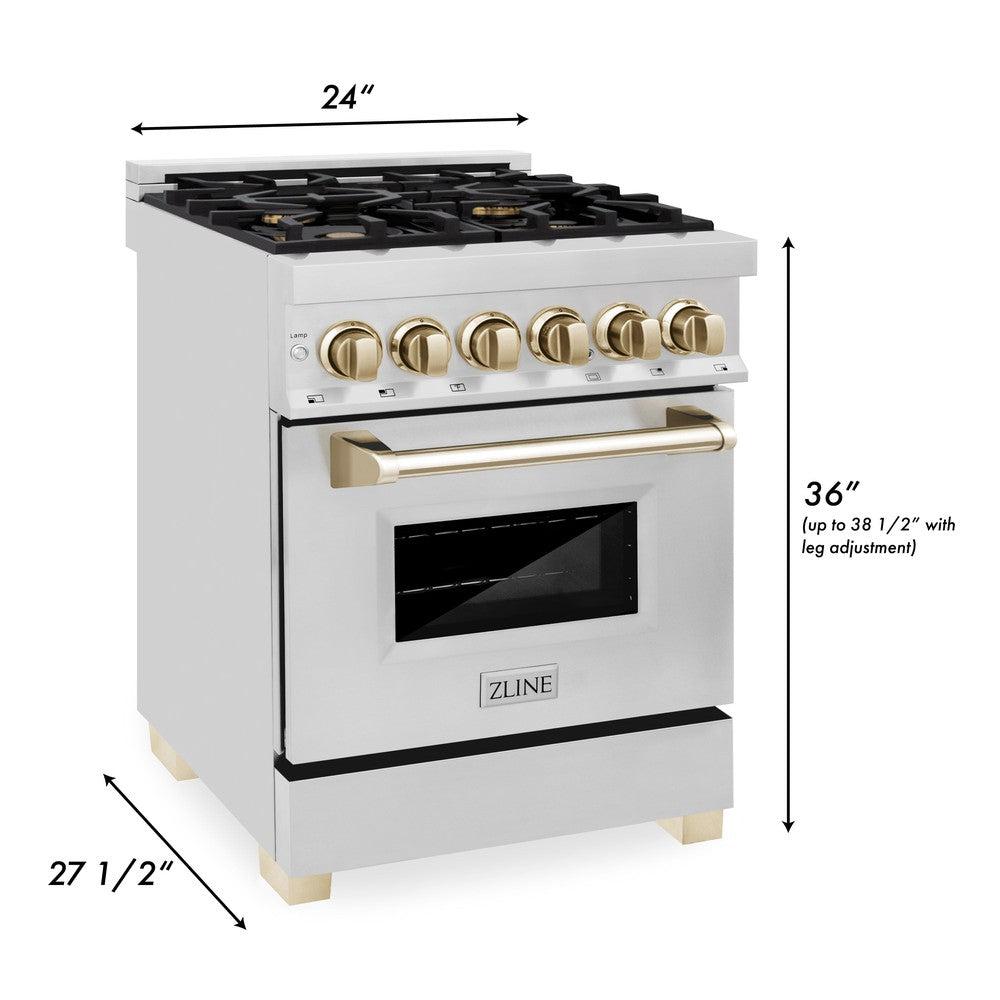 ZLINE Autograph Edition 24 in. 2.8 cu. ft. Legacy Dual Fuel Range with 4 Burner Gas Cooktop and Electric Convection Oven in Stainless Steel and Polished Gold Accents (RAZ-24-G)