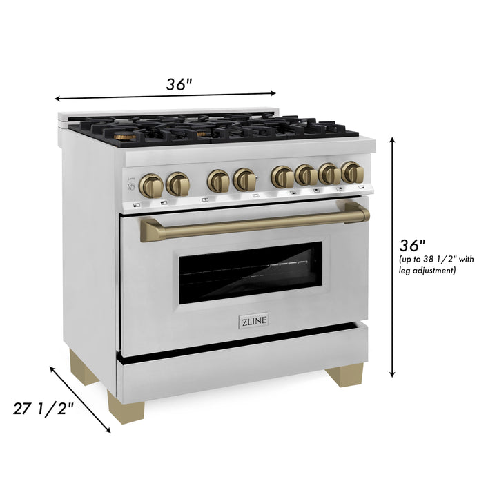 ZLINE Autograph 36" 4.6 cu. ft. Dual Fuel Range in Stainless Steel with Bronze Accents, RAZ-36-CB