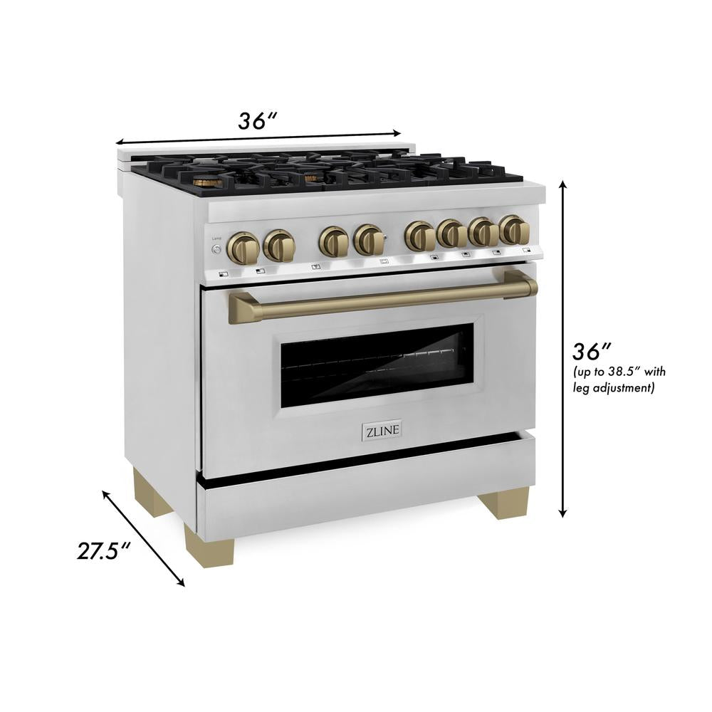 ZLINE Autograph Edition 36 in. Kitchen Package with Stainless Steel Dual Fuel Range, Range Hood, Dishwasher and Refrigerator Including External Water Dispenser with Champagne Bronze Accents (4AKPR-RARHDWM36-CB)
