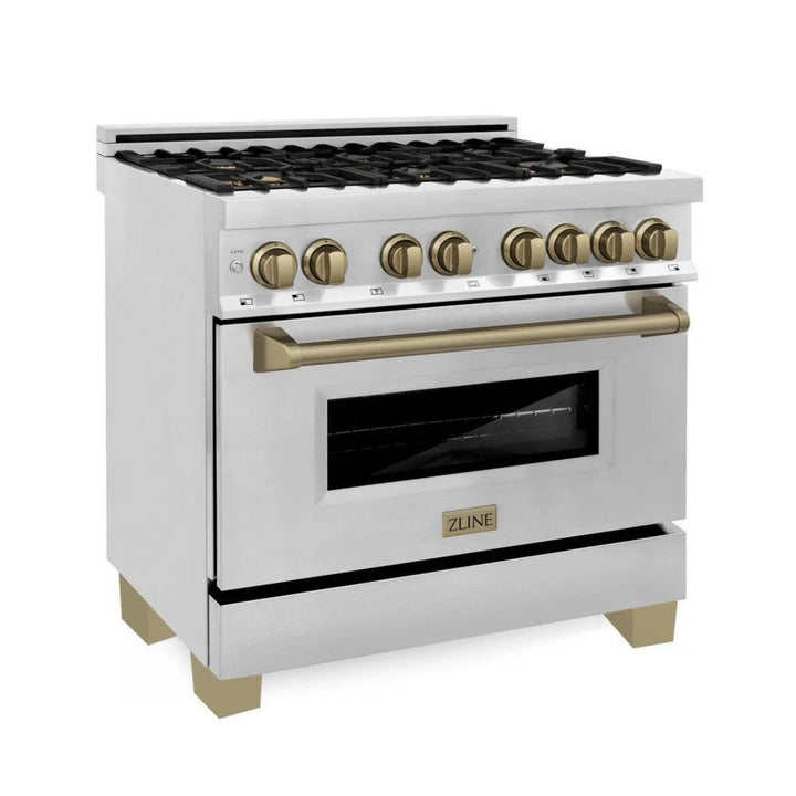 ZLINE Autograph Edition 30", 36", &amp; 48" Stainless Steel 4-Piece Kitchen Package with Champagne Bronze Accents.
