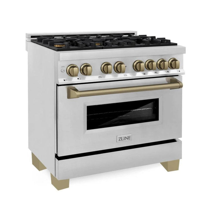 ZLINE Autograph Edition 30", 36", &amp; 48" Stainless Steel Dual Fuel Range, Convertible Vent Range Hood, and Dishwasher Kitchen Package with Champagne Bronze Accents
