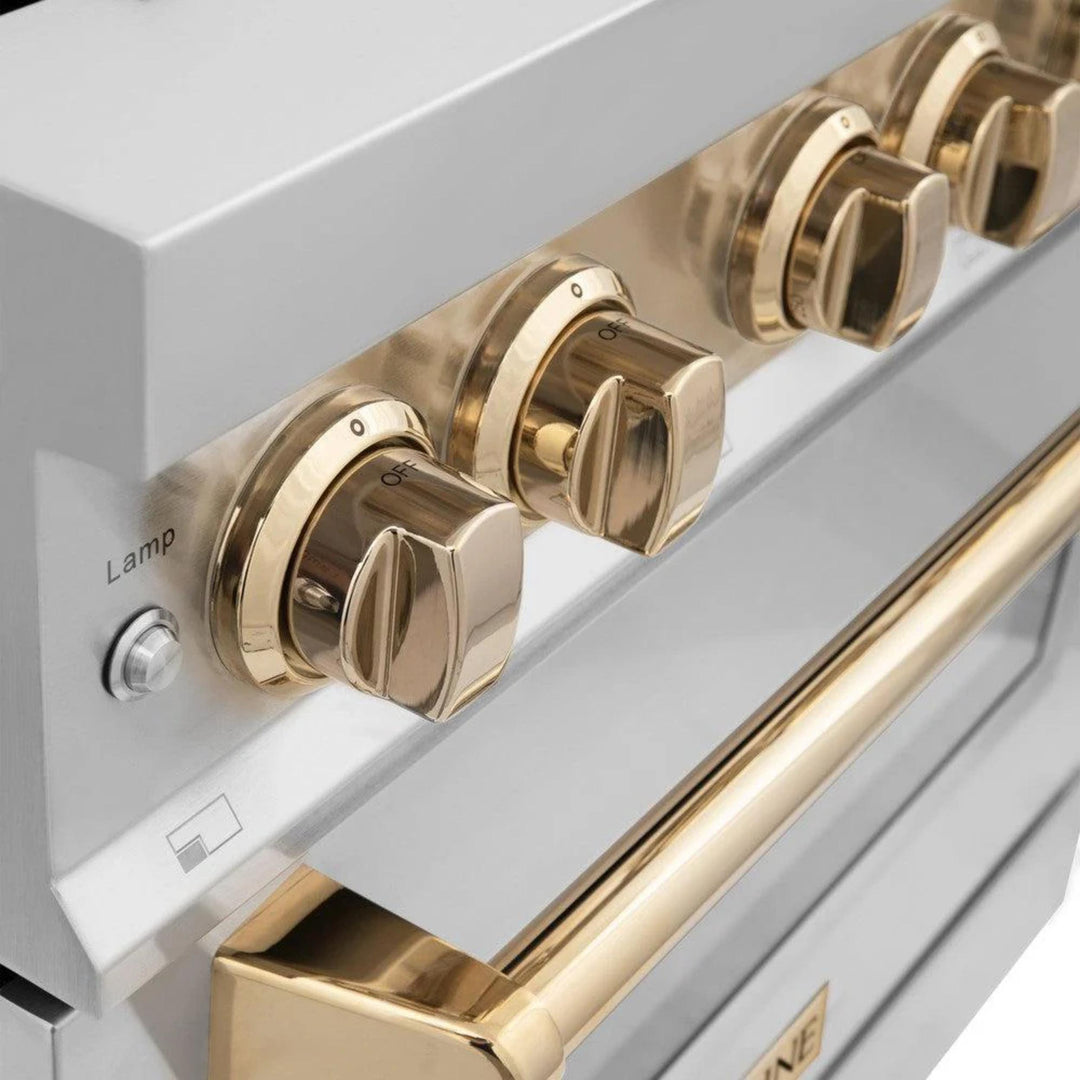 ZLINE Autograph Edition 30", 36", &amp; 48" Stainless Steel Dual Fuel Range, Convertible Vent Wall Mount Range Hood, and Dishwasher Kitchen Package with Polished Gold Accents