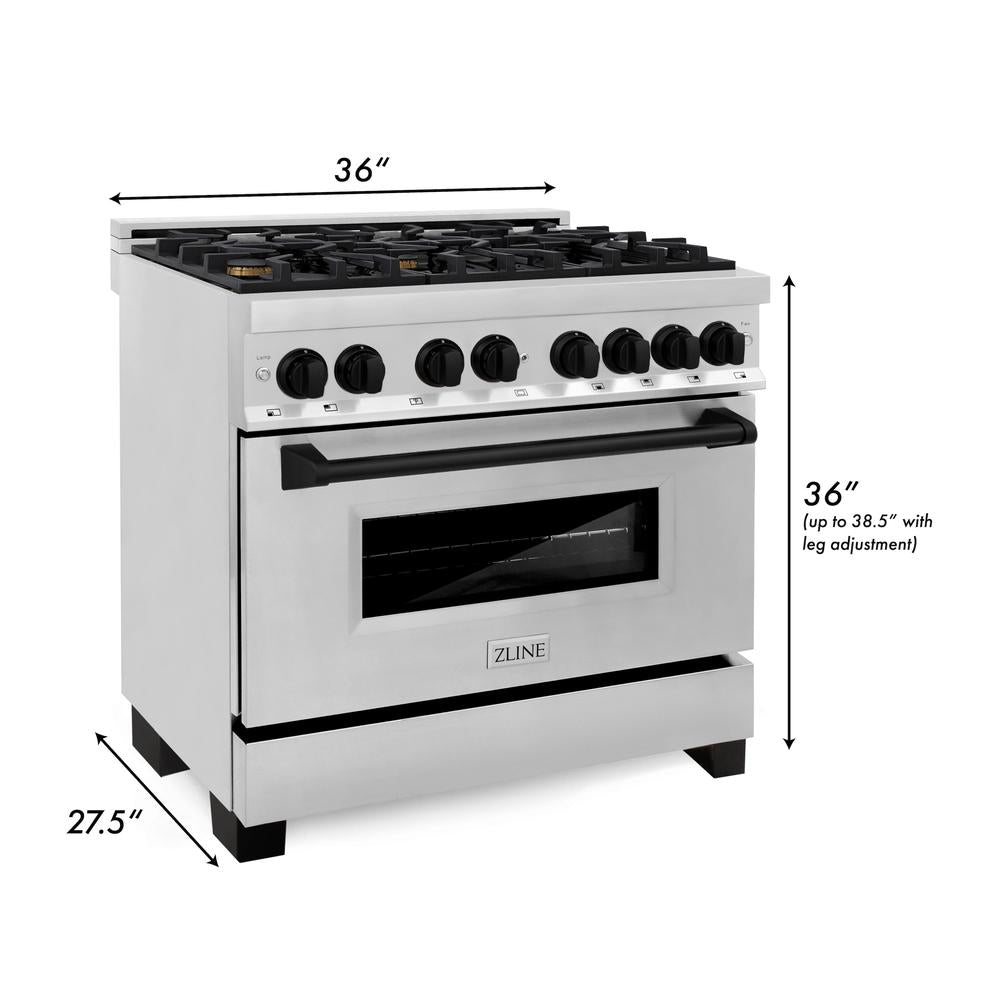 ZLINE Autograph Edition 36 in. Kitchen Package with Stainless Steel Dual Fuel Range and Range Hood with Matte Black Accents (2AKP-RARH36-MB)
