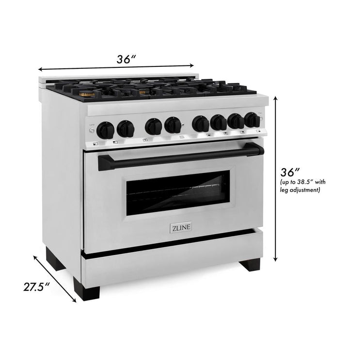 ZLINE Autograph Edition 36 in. Kitchen Package with Stainless Steel Dual Fuel Range, Range Hood and Dishwasher with Matte Black Accents (3AKP-RARHDWM36-MB)