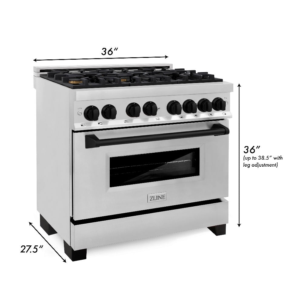 ZLINE Autograph Edition 36 in. Kitchen Package with Stainless Steel Dual Fuel Range, Range Hood, Dishwasher and Refrigerator Including External Water Dispenser with Matte Black Accents (4AKPR-RARHDWM36-MB)