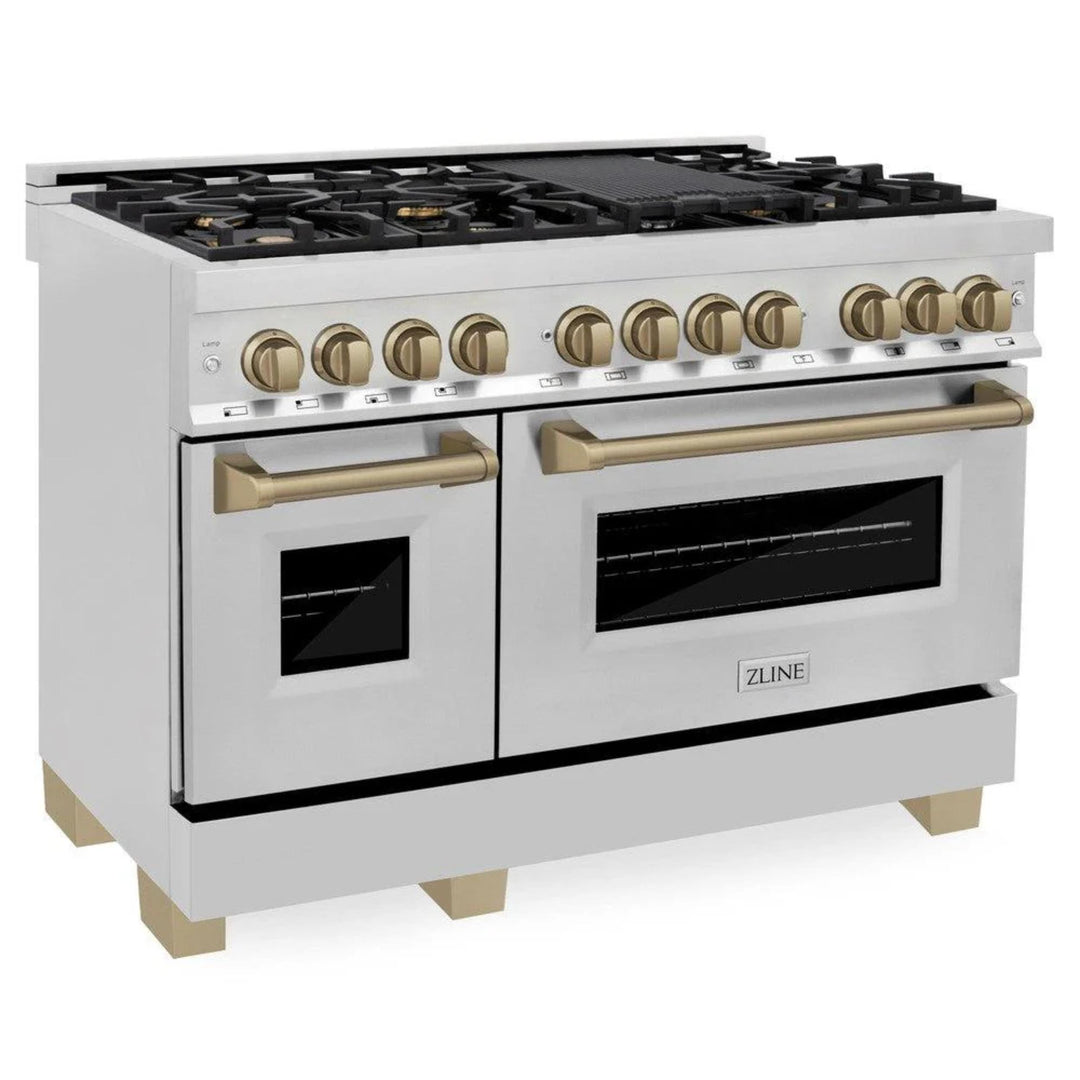 ZLINE Autograph Edition 30", 36", &amp; 48" Stainless Steel Dual Fuel Range, Convertible Vent Range Hood, and Dishwasher Kitchen Package with Champagne Bronze Accents