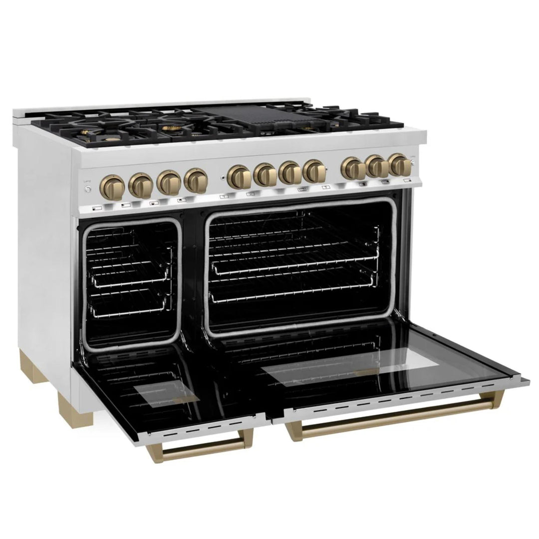 ZLINE Autograph Edition 30", 36", &amp; 48" Stainless Steel Dual Fuel Range, Convertible Vent Range Hood, and Dishwasher Kitchen Package with Champagne Bronze Accents