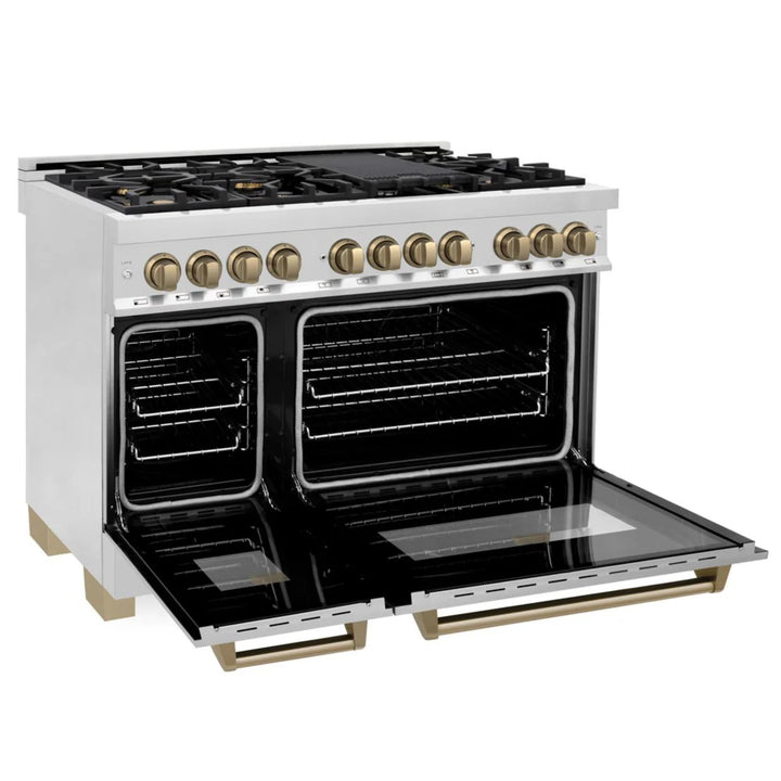 ZLINE Autograph Edition 30", 36", &amp; 48" Stainless Steel Dual Fuel Range, Convertible Vent Range Hood, and Dishwasher Kitchen Package with Champagne Bronze Accents