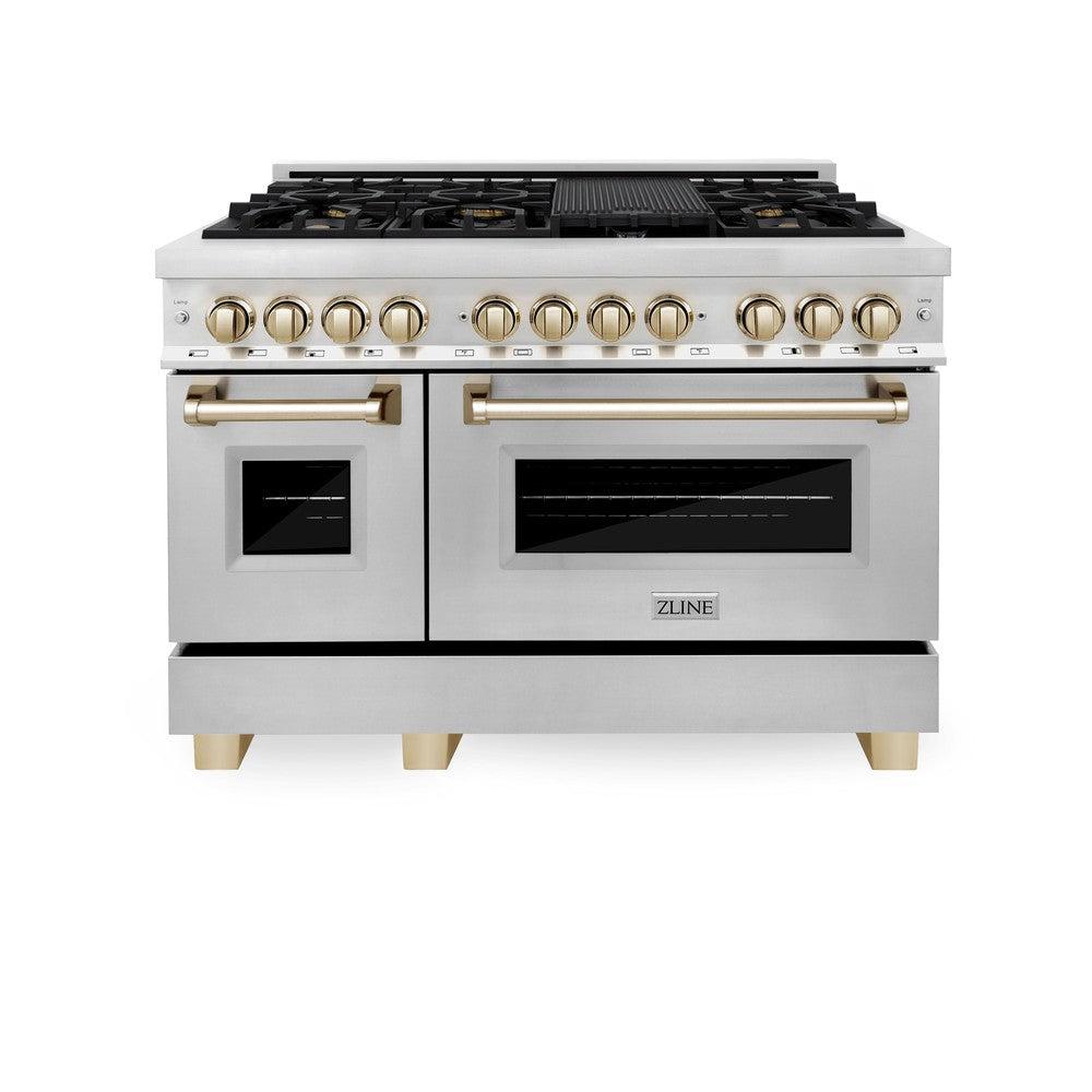 ZLINE Autograph 48" 6.0 cu. ft. Dual Fuel Range in Stainless Steel with Gold Accents, RAZ-48-G