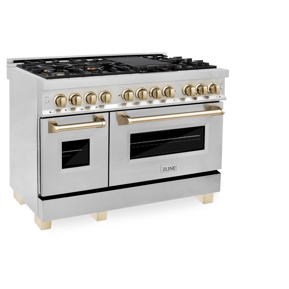 ZLINE Autograph 48" 6.0 cu. ft. Dual Fuel Range in Stainless Steel with Gold Accents, RAZ-48-G