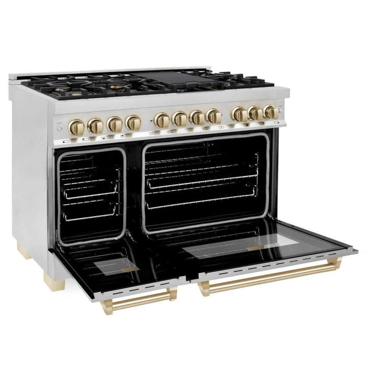 ZLINE Autograph Edition 30", 36", &amp; 48" Stainless Steel 4-Piece Kitchen Package with Polished Gold Accents—Dual Fuel Range, Wall Mount Range Hood, Dishwasher, and Refrigerator