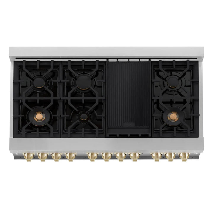 ZLINE Autograph Edition 30", 36", &amp; 48" Stainless Steel 4-Piece Kitchen Package with Polished Gold Accents—Dual Fuel Range, Wall Mount Range Hood, Dishwasher, and Refrigerator