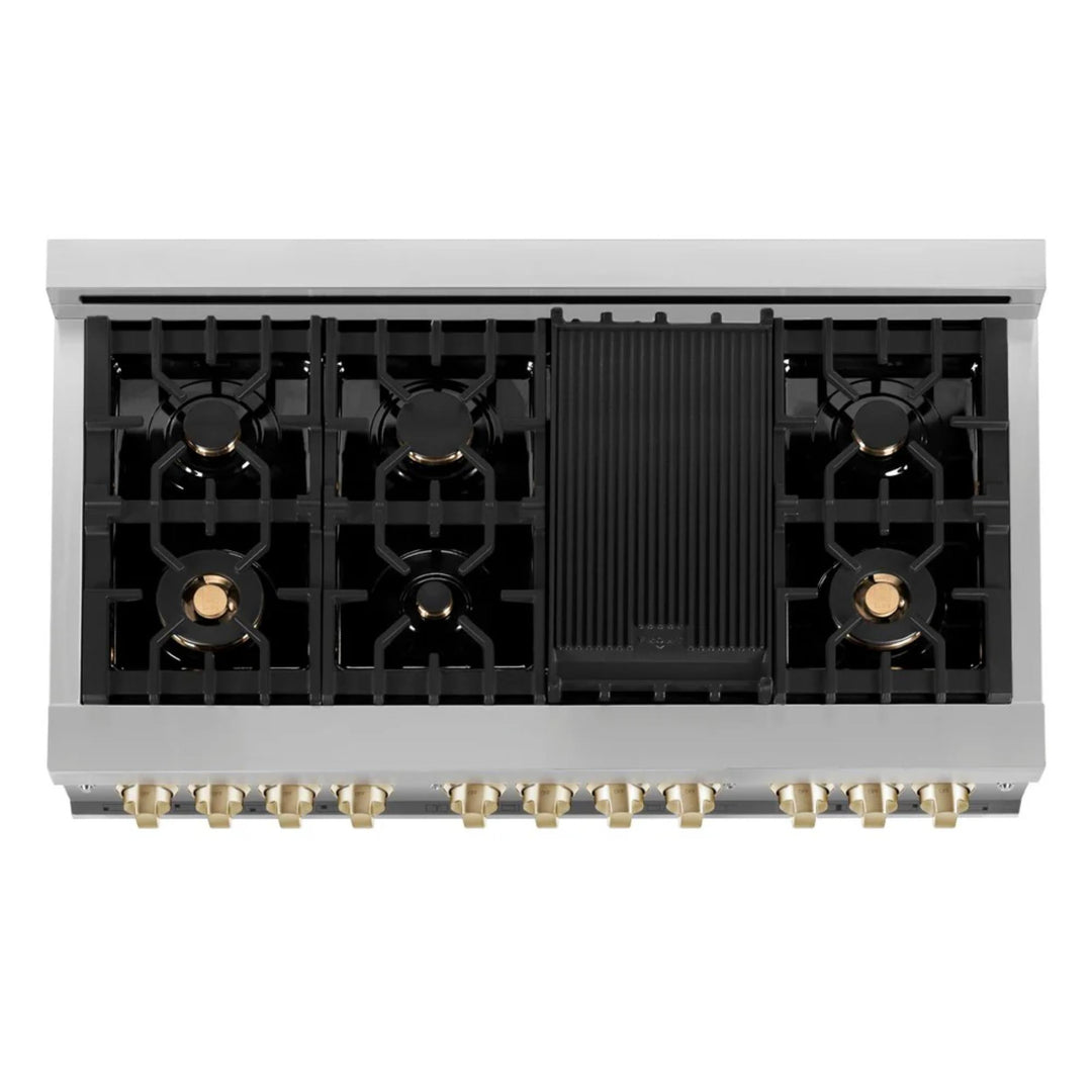 ZLINE Autograph Edition 30", 36", &amp; 48" Stainless Steel Dual Fuel Range, Convertible Vent Wall Mount Range Hood, and Dishwasher Kitchen Package with Polished Gold Accents