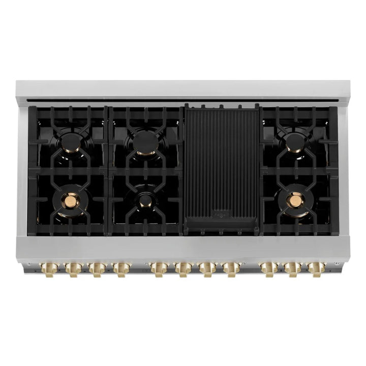 ZLINE Autograph Edition 30", 36", &amp; 48" Stainless Steel Dual Fuel Range, Convertible Vent Wall Mount Range Hood, and Dishwasher Kitchen Package with Polished Gold Accents