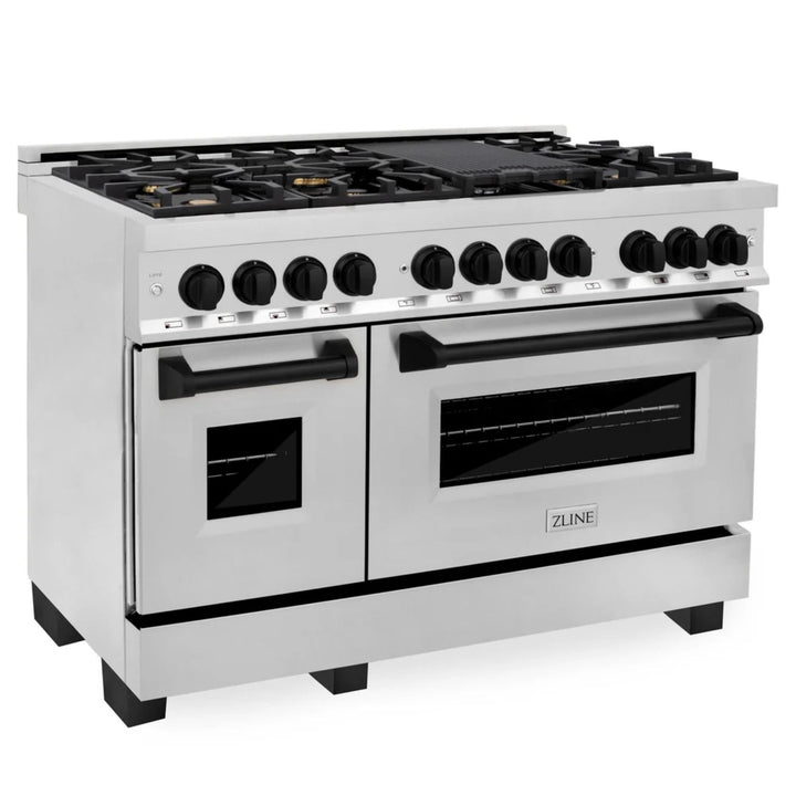 ZLINE Autograph Edition 30" &amp; 48" Stainless Steel Dual Fuel Range, Convertible Vent Range Hood, and Dishwasher Kitchen Package with Matte Black Accents