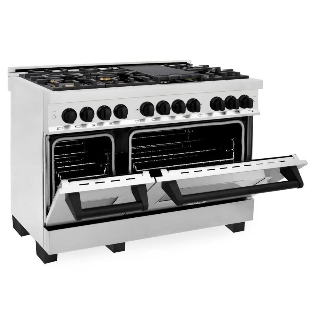 ZLINE Autograph Edition 30", 36", &amp; 48" Stainless Steel 4-Piece Kitchen Package with Matte Black Accents—Dual Fuel Range, Wall Mount Range Hood, Dishwasher, and Refrigerator.