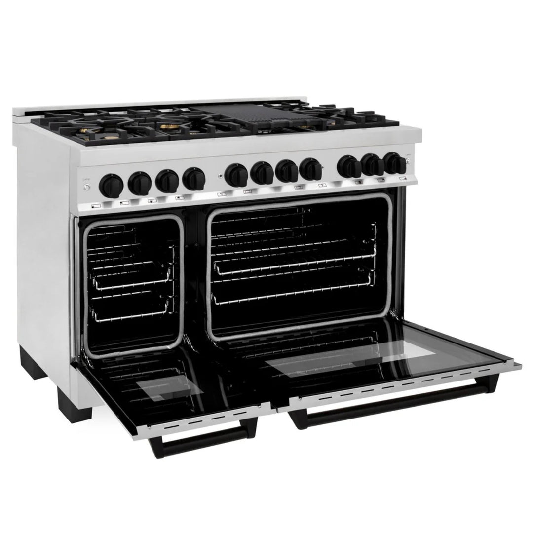 ZLINE Autograph Edition 30" &amp; 48" Stainless Steel Dual Fuel Range, Convertible Vent Range Hood, and Dishwasher Kitchen Package with Matte Black Accents