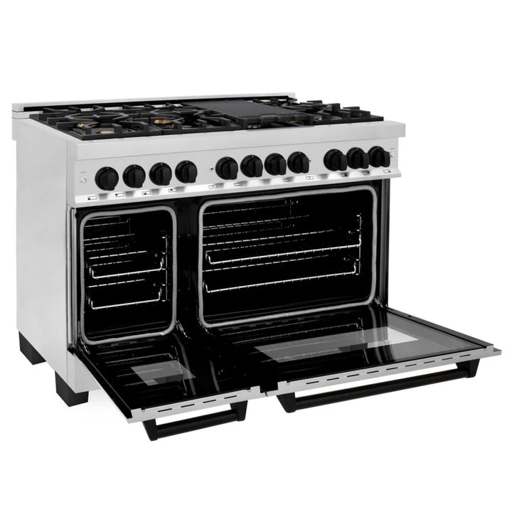 ZLINE Autograph Edition 30" &amp; 48" Stainless Steel Dual Fuel Range, Convertible Vent Range Hood, and Dishwasher Kitchen Package with Matte Black Accents