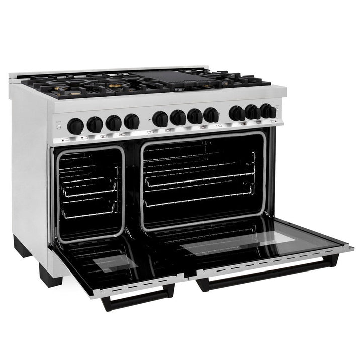 ZLINE Autograph Edition 48 in. Kitchen Package with Stainless Steel Dual Fuel Range, Range Hood, Dishwasher and Refrigerator with Matte Black Accents (4KAPR-RARHDWM48-MB)