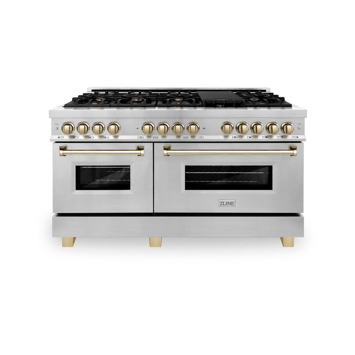 ZLINE Autograph 60" 7.4 cu. ft. Dual Fuel Range in Stainless Steel with Gold Accents, RAZ-60-G