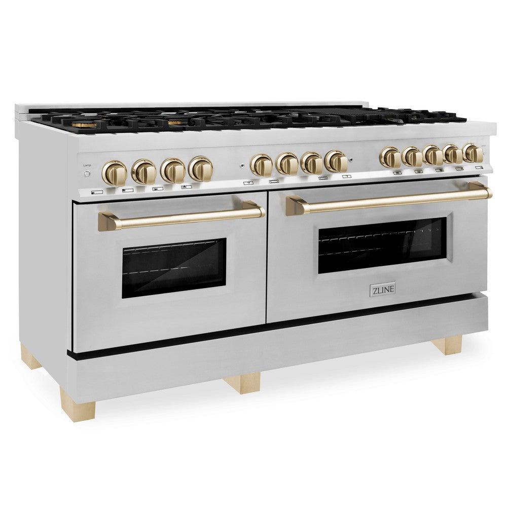 ZLINE Autograph 60" 7.4 cu. ft. Dual Fuel Range in Stainless Steel with Gold Accents, RAZ-60-G