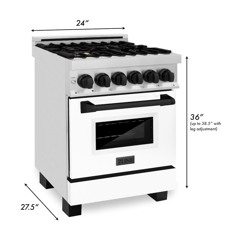 ZLINE Autograph Edition 24 in. 2.8 cu. ft. Legacy Dual Fuel Range with 4 Burner Gas Cooktop and Electric Convection Oven in Stainless Steel with White Matte Door and Matte Black Accents, Open Box-Excellent Condition
