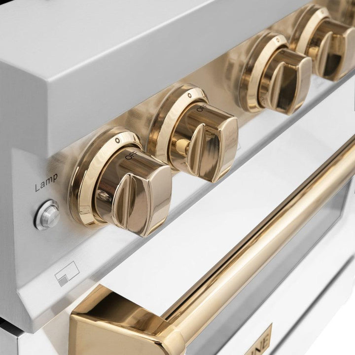 ZLINE Autograph Edition 36 in. Kitchen Package with Stainless Steel Dual Fuel Range with White Matte Door and Range Hood with Polished Gold Accents (2AKP-RAWMRH36-G)