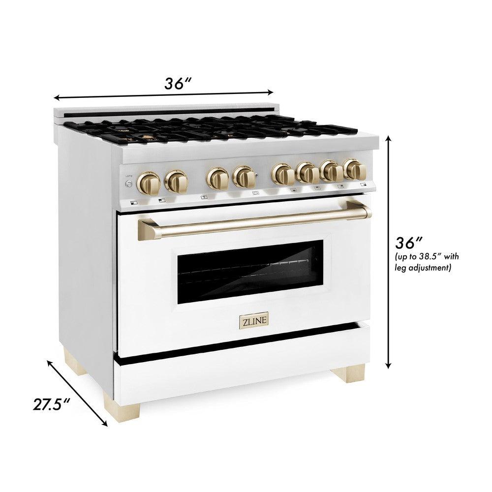 ZLINE Autograph 36" 4.6 cu. ft. Dual Fuel Range with White Matte Door and Gold Accents, RAZ-WM-36-G