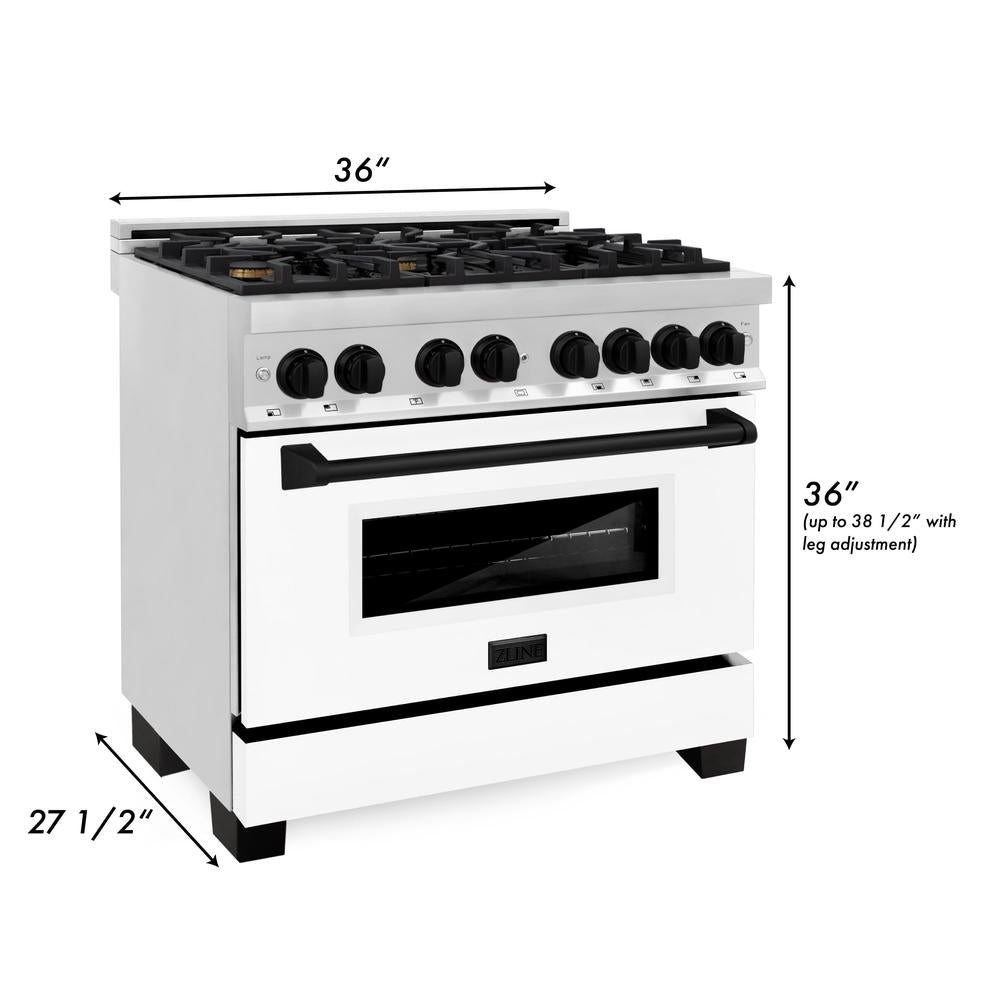 ZLINE Autograph Edition 36 in. Kitchen Package with Stainless Steel Dual Fuel Range with White Matte Door and Range Hood with Matte Black Accents (2AKP-RAWMRH36-MB)