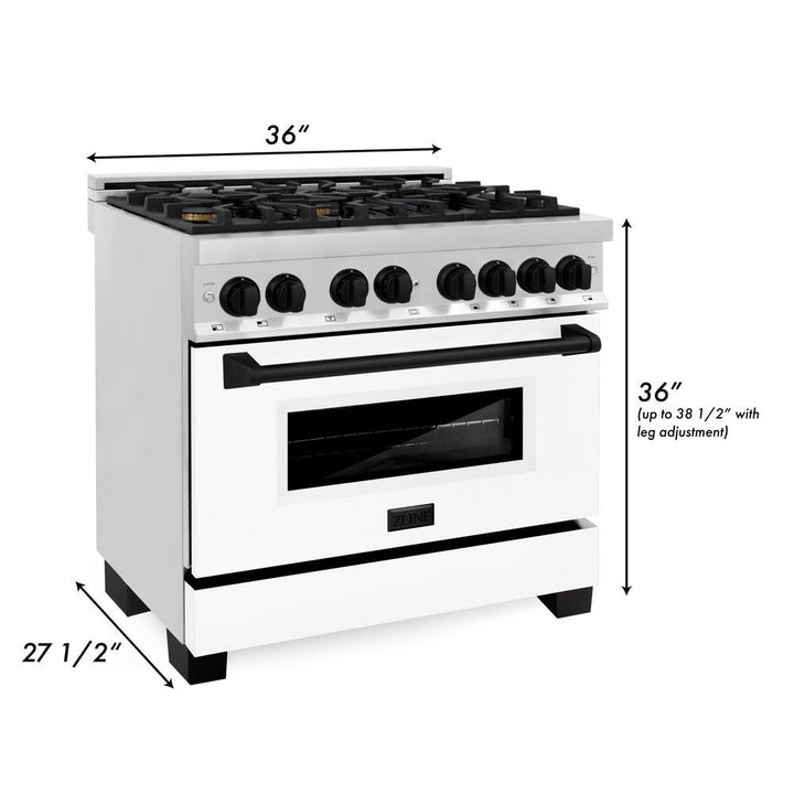 ZLINE Autograph Edition 36 in. Kitchen Package with Stainless Steel Dual Fuel Range with White Matte Door and Range Hood with Matte Black Accents (2AKP-RAWMRH36-MB)