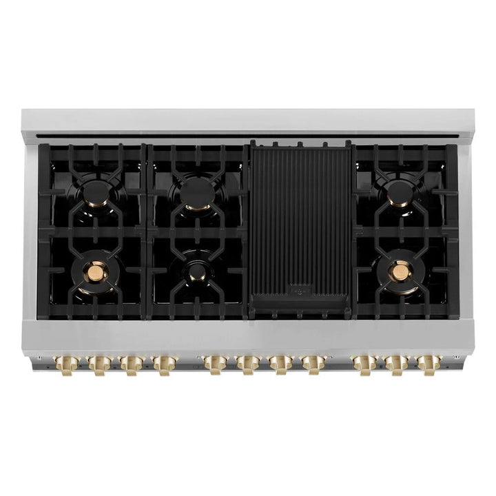 ZLINE Autograph Edition 48 in. Kitchen Package with Stainless Steel Dual Fuel Range with White Matte Door and Range Hood with Polished Gold Accents (2AKP-RAWMRH48-G)