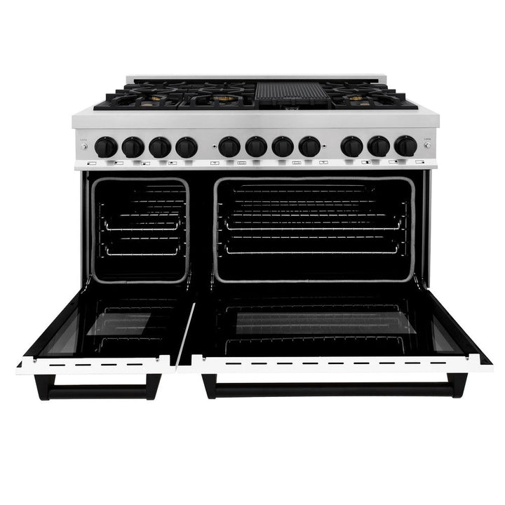 ZLINE Autograph Edition 48 in. 6.0 cu. ft. Legacy Dual Fuel Range with 7 Burner Gas Cooktop and 2 Electric Ovens in Stainless Steel with White Matte Doors and Matte Black Accents (RAZ-WM-48-MB)