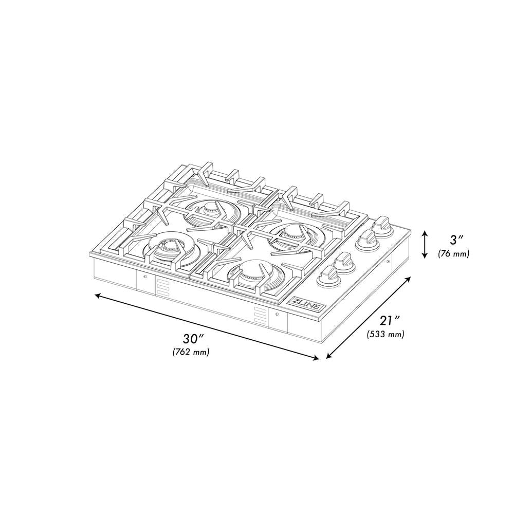 ZLINE 30 in. Gas Cooktop with 4 Brass Burners and Black Porcelain Top (RC-BR-30-PBT)