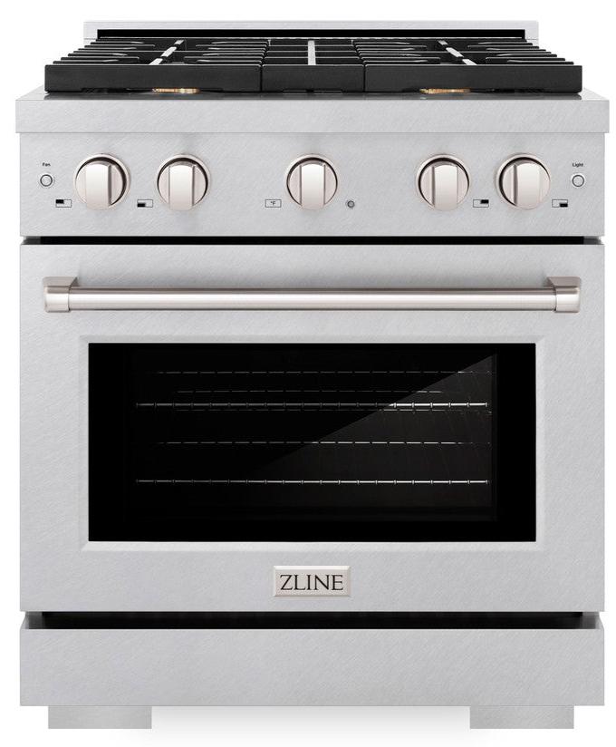 ZLINE 30" 4.2 cu. ft. Paramount Dual Fuel Range in DuraSnow® Stainless Steel with 4 Brass Burners, SDRS-BR-30