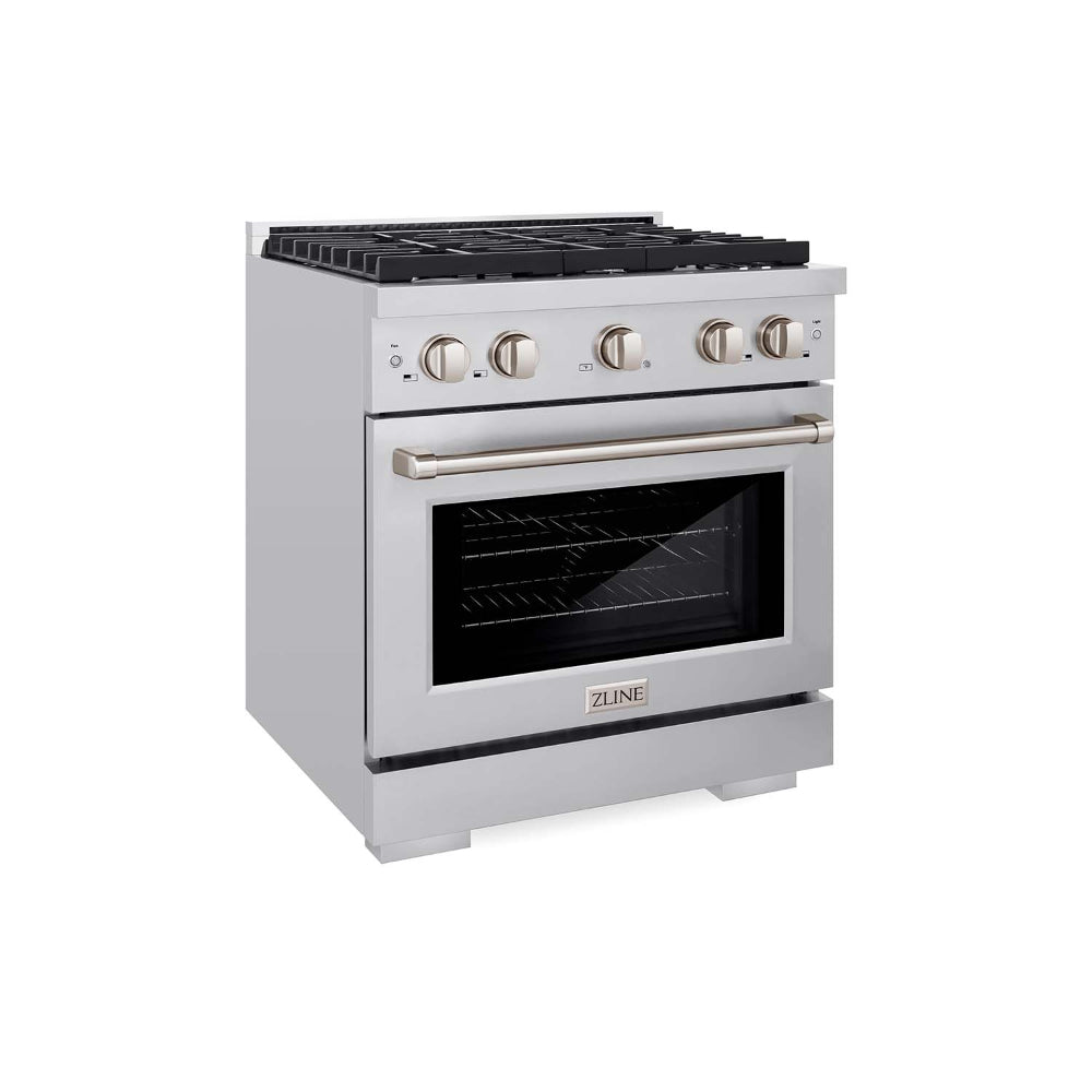 ZLINE 30 in. Kitchen Package with Stainless Steel Gas Range, Convertible Vent Range Hood and Microwave Drawer (3KP-SGRRH30-MW)