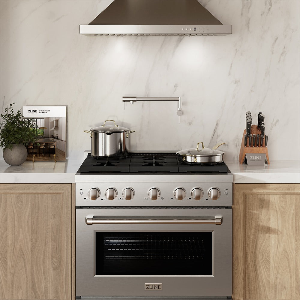 ZLINE Kitchen Package with Refrigerator, 36 in. Stainless Steel Gas Range, 36 in. Range Hood, Microwave Drawer, 24 in. Tall Tub Dishwasher and Beverage Fridge (6KPR-SGRRH36-MWDWV-RBV)