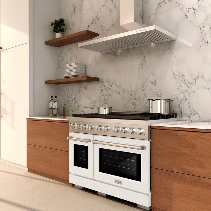ZLINE 48 in. 6.7 cu. ft. Paramount Gas Range with 8 Burner DuoPro™ Cooktop and Dual Ovens with White Matte Doors (PSGR-WM-48)